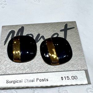 Vintage NWT Monet Navy Gold Post Earrings Square Shape